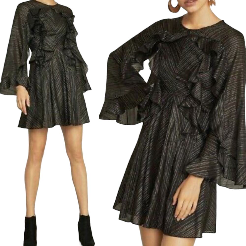 BCBGMAXAZRIA Ruffled Fit & Flare Mini Dress Metallic Lurex Stripe Black NEW XXS